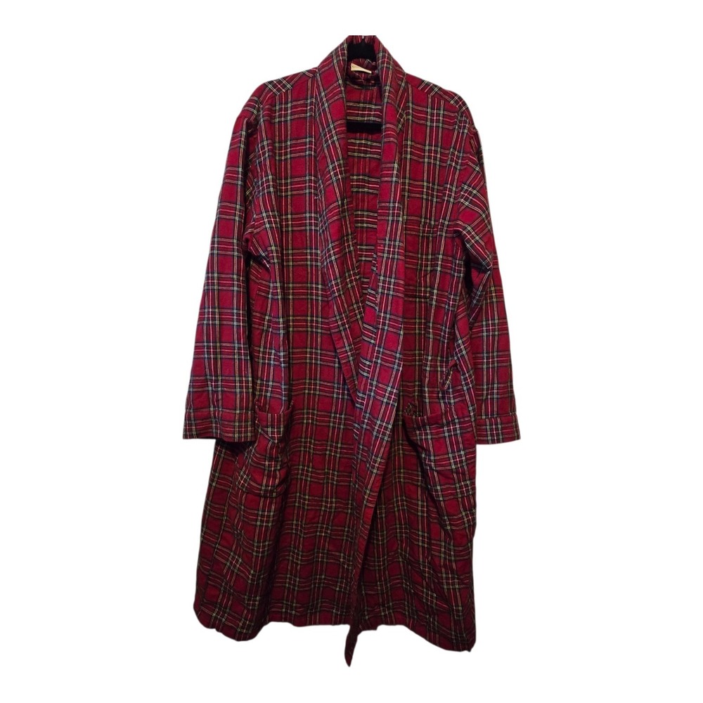 Vintage L.L. Bean Tartan Plaid Flannel Robe Mens LG Tall Red *NO BELT* Pockets
